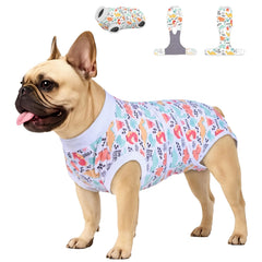 PetWarm dog recovery suit front view in dinosaur pattern aids post surgery healing