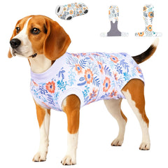 PetWarm dog recovery suit with flower orange front view for comfort and healing.