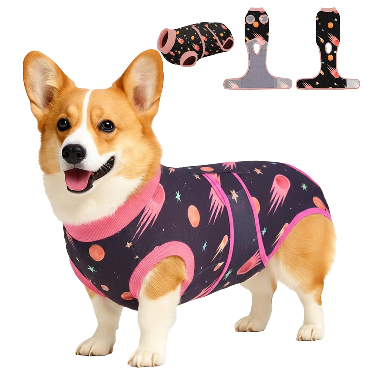 PetWarm galaxy orange front view dog recovery suit shows post-surgery comfort