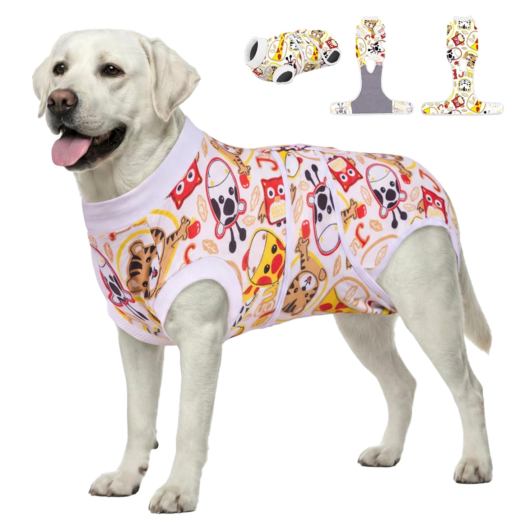 PetWarm dog recovery suit front view, Zoo pattern, supports comfort after surgery.