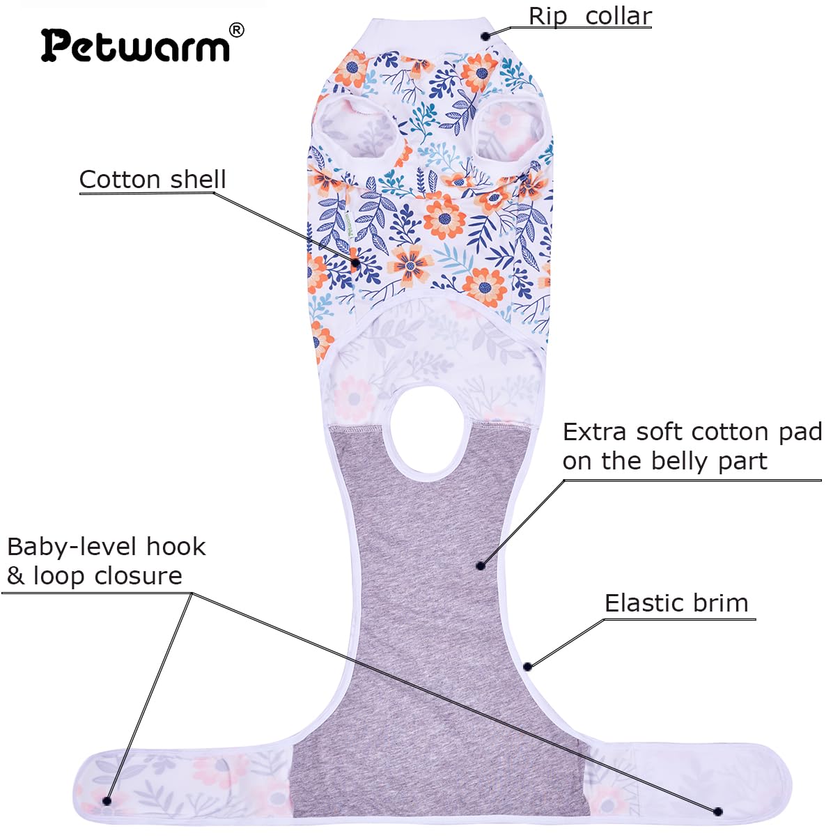 PetWarm dog spay recovery onesie close-up fabric, soothing lightweight material.