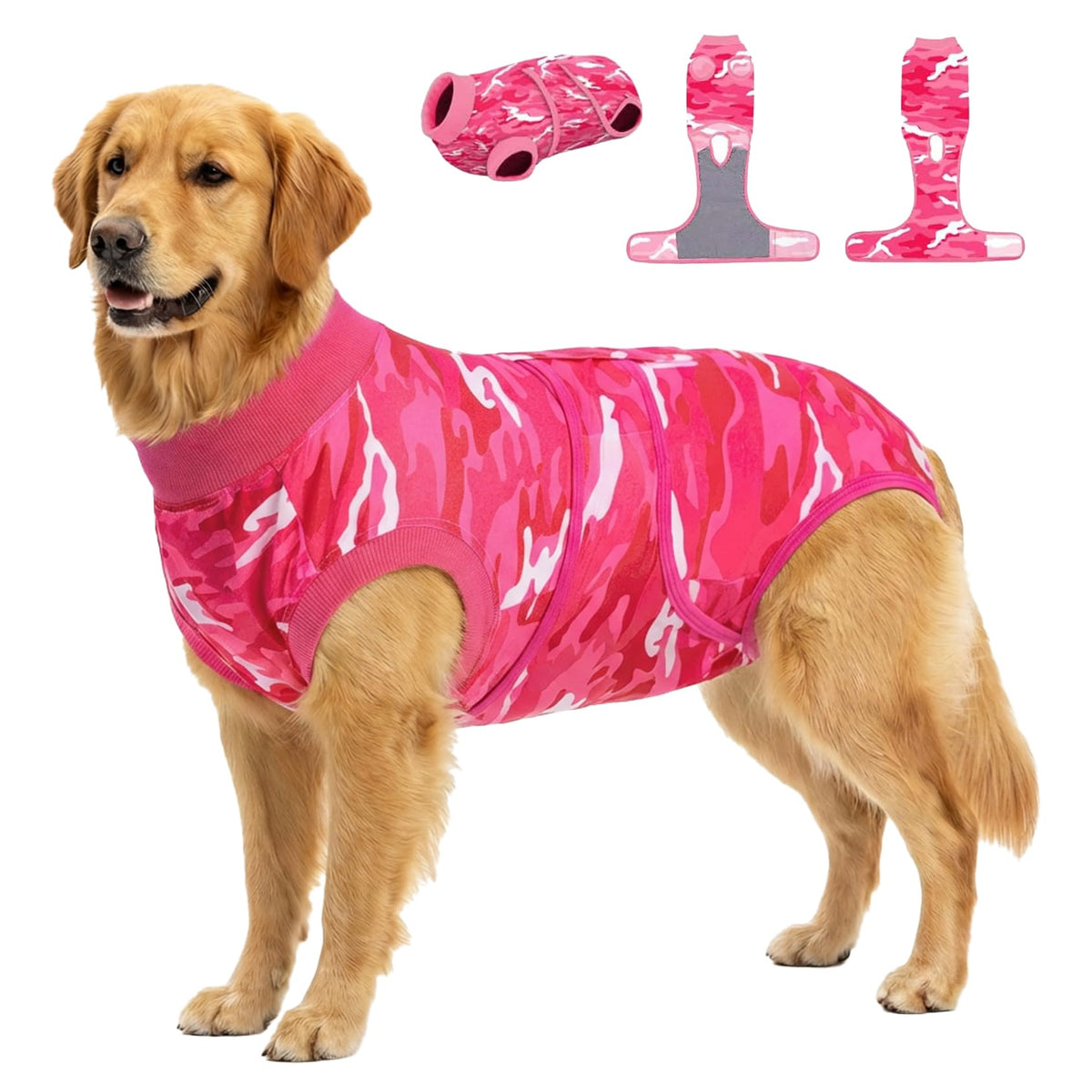 PetWarm dog surgical suit camouflage pink 2XL, front view protects wounds and prevents licking