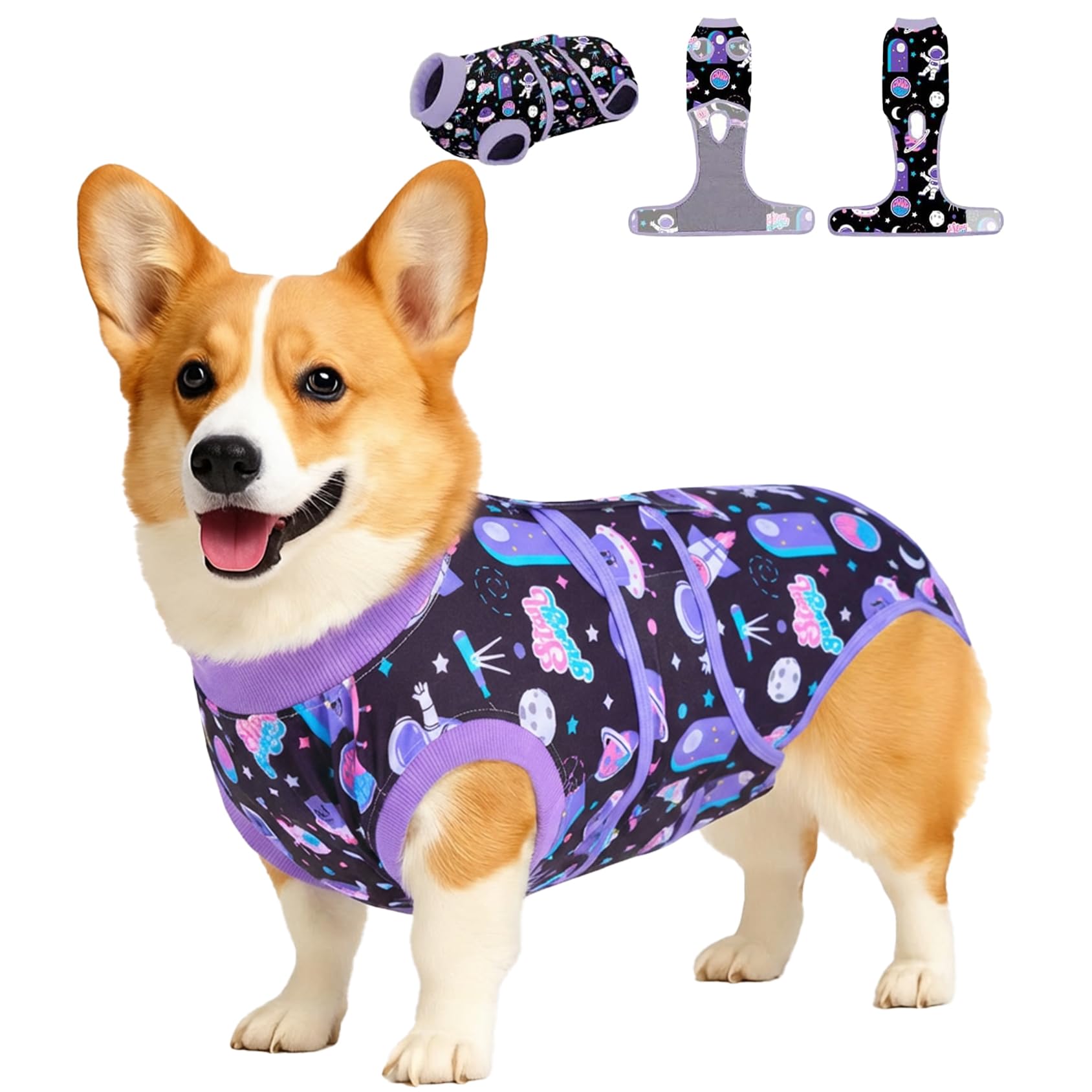PetWarm dog surgical suit cosmic purple front view protects wounds and supports comfort