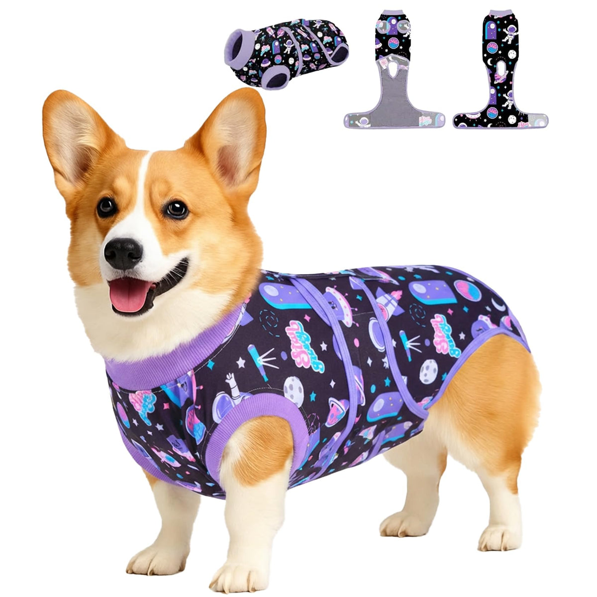 PetWarm dog surgical suit cosmic purple front view protects wounds and supports comfort