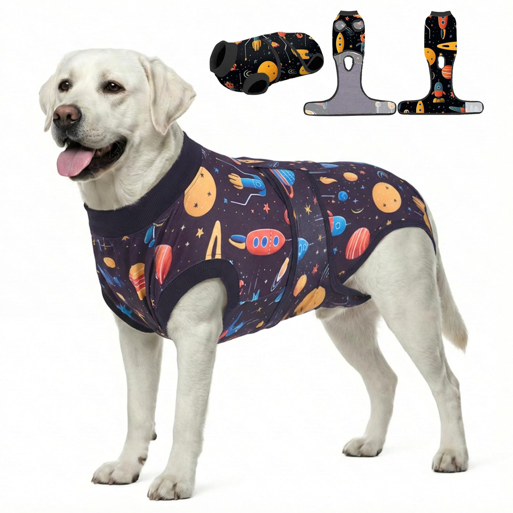 PetWarm cosmic-pattern dog surgical suit close-up showing soft, breathable fabric