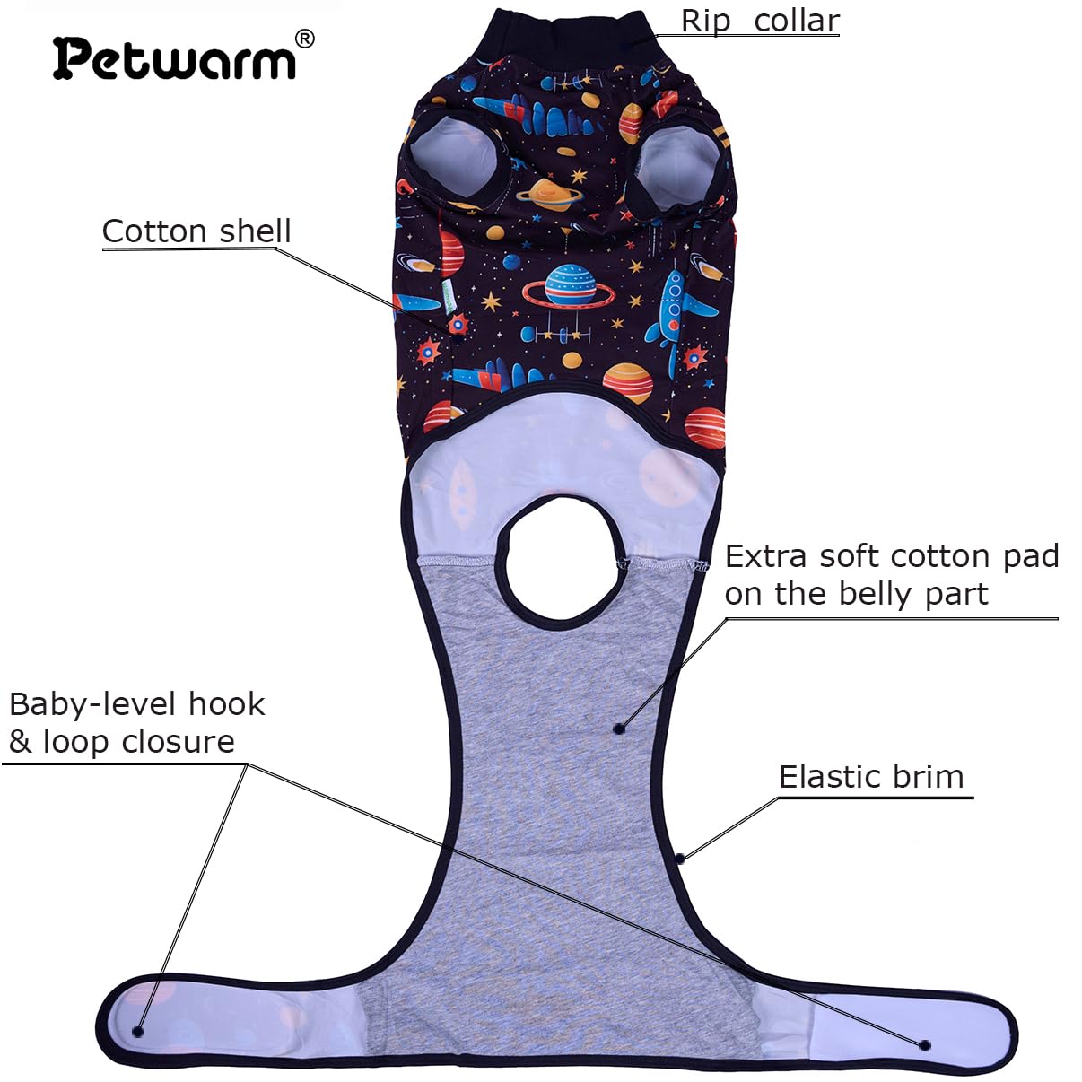 PetWarm cosmic-pattern dog surgical suit worn by model for recovery wear