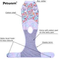 PetWarm dog surgical suit dinosaur pattern back view offers comfortable, snug post-op coverage.