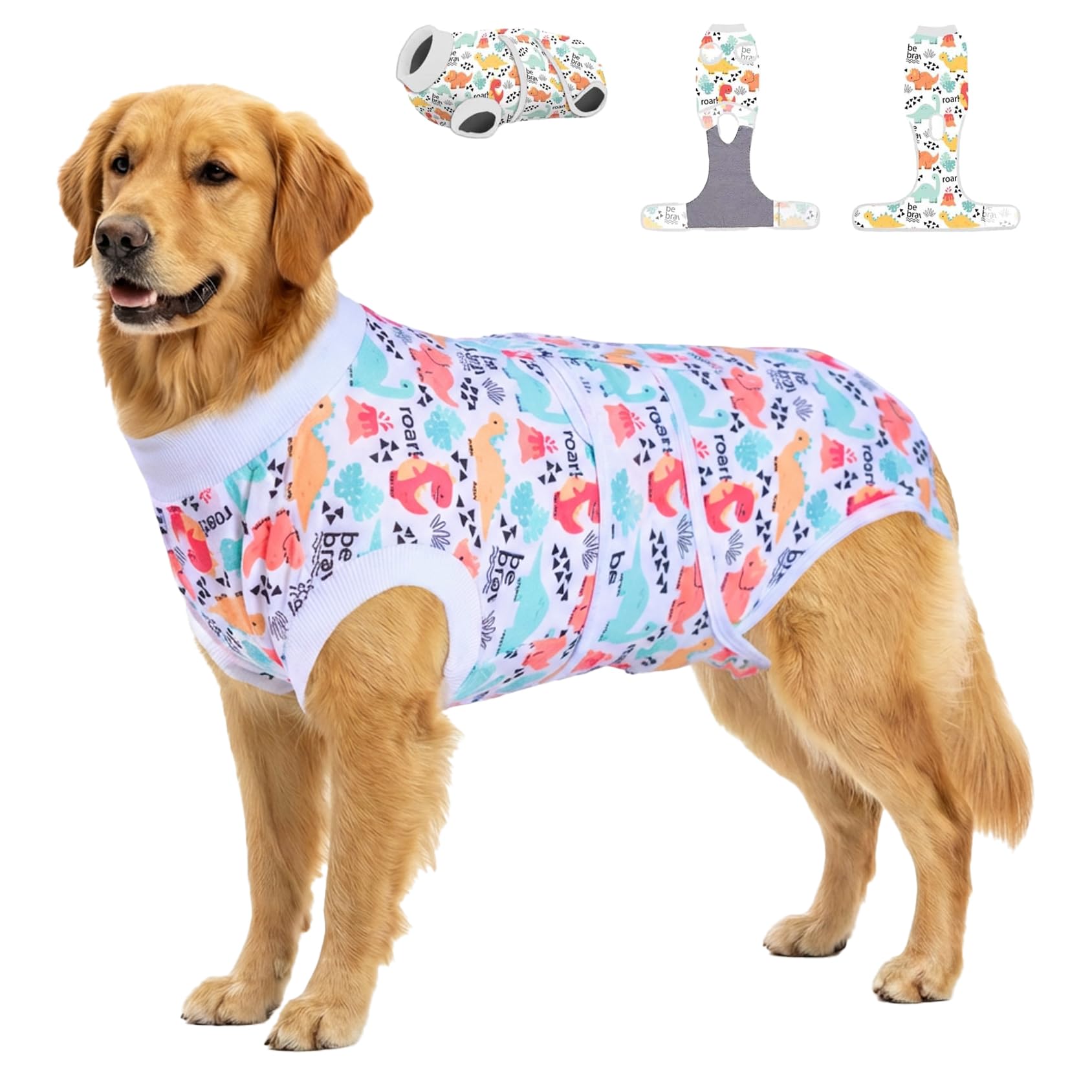PetWarm dog surgical suit dinosaur pattern front view helps protect wounds during recovery.