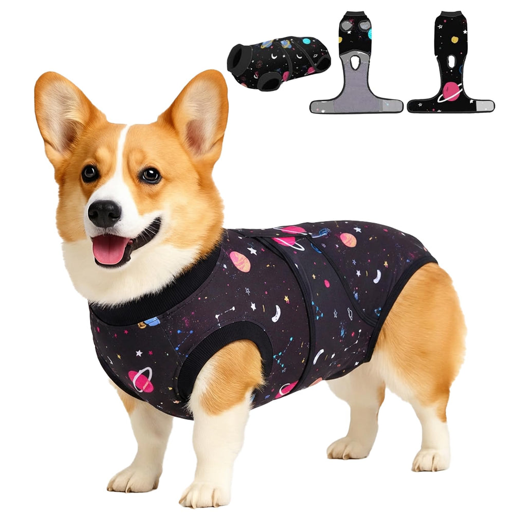 PetWarm galaxy-pattern dog onesie front view for post-surgery comfort.