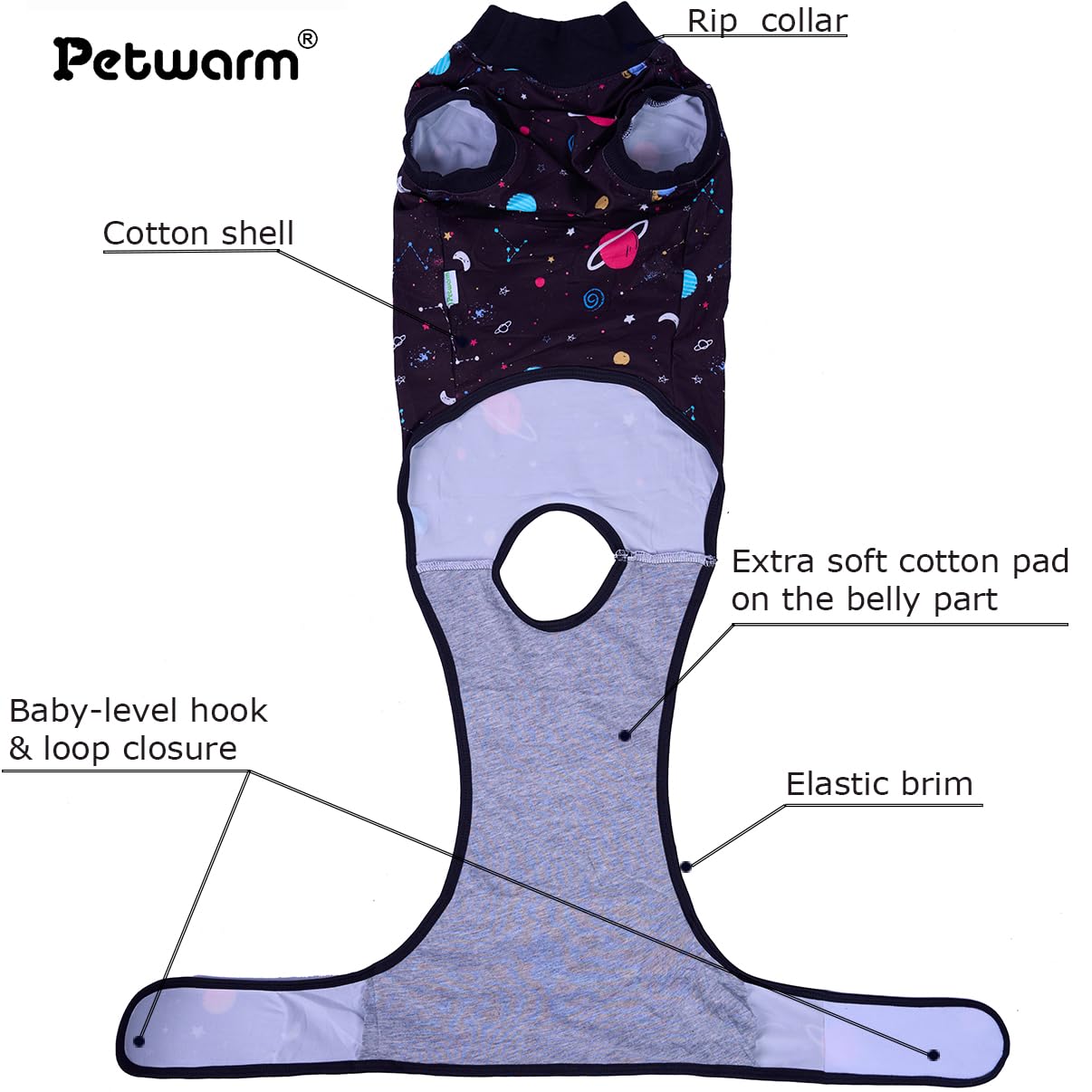 PetWarm galaxy-pattern dog onesie side view showcases adjustable fit.