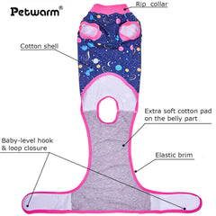 PetWarm galaxy-pink recovery suit back view showing full coverage to discourage licking