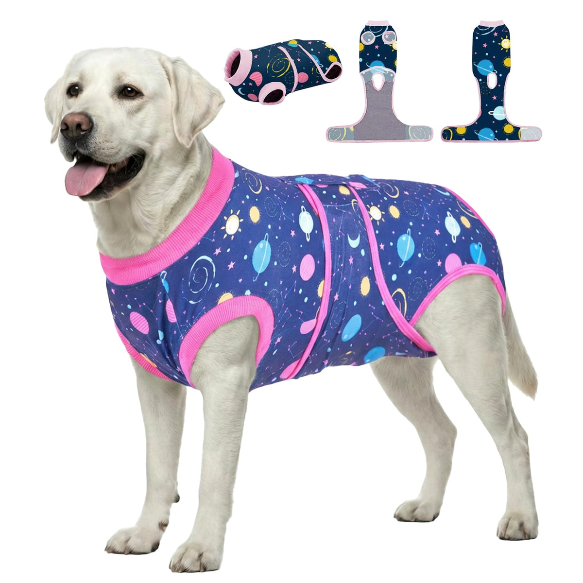 PetWarm galaxy-pink recovery suit front view with adjustable fit for easy on/off