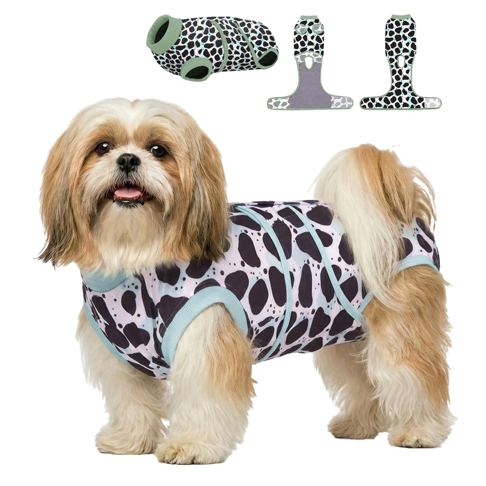 PetWarm leopard-pattern recovery suit in green XS, front view supports comfortable post-surgery movement.