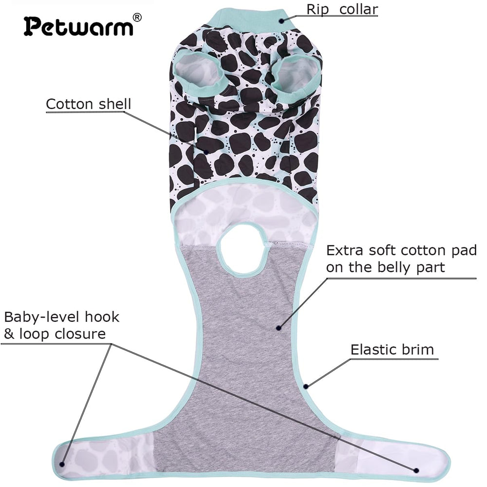 PetWarm leopard-pattern recovery suit green XS, side view reduces licking while pet rests.