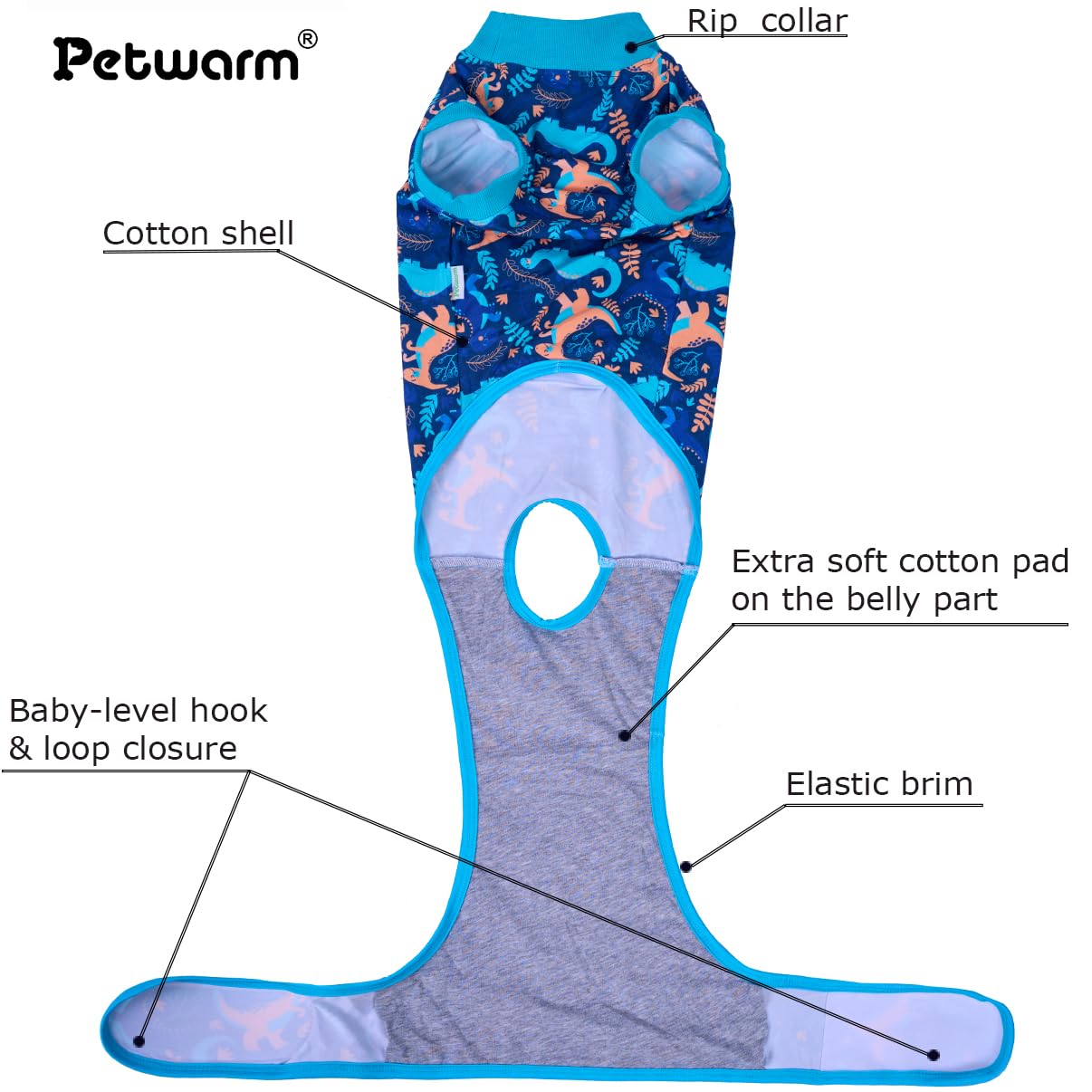 PetWarm neutering recovery suit, dinosaur pattern green, back view showing secure post-surgery coverage.