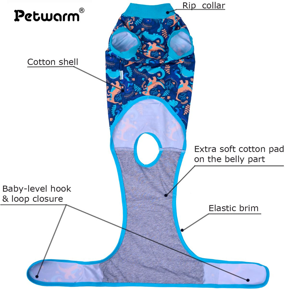 PetWarm neutering recovery suit, dinosaur pattern green, back view showing secure post-surgery coverage.