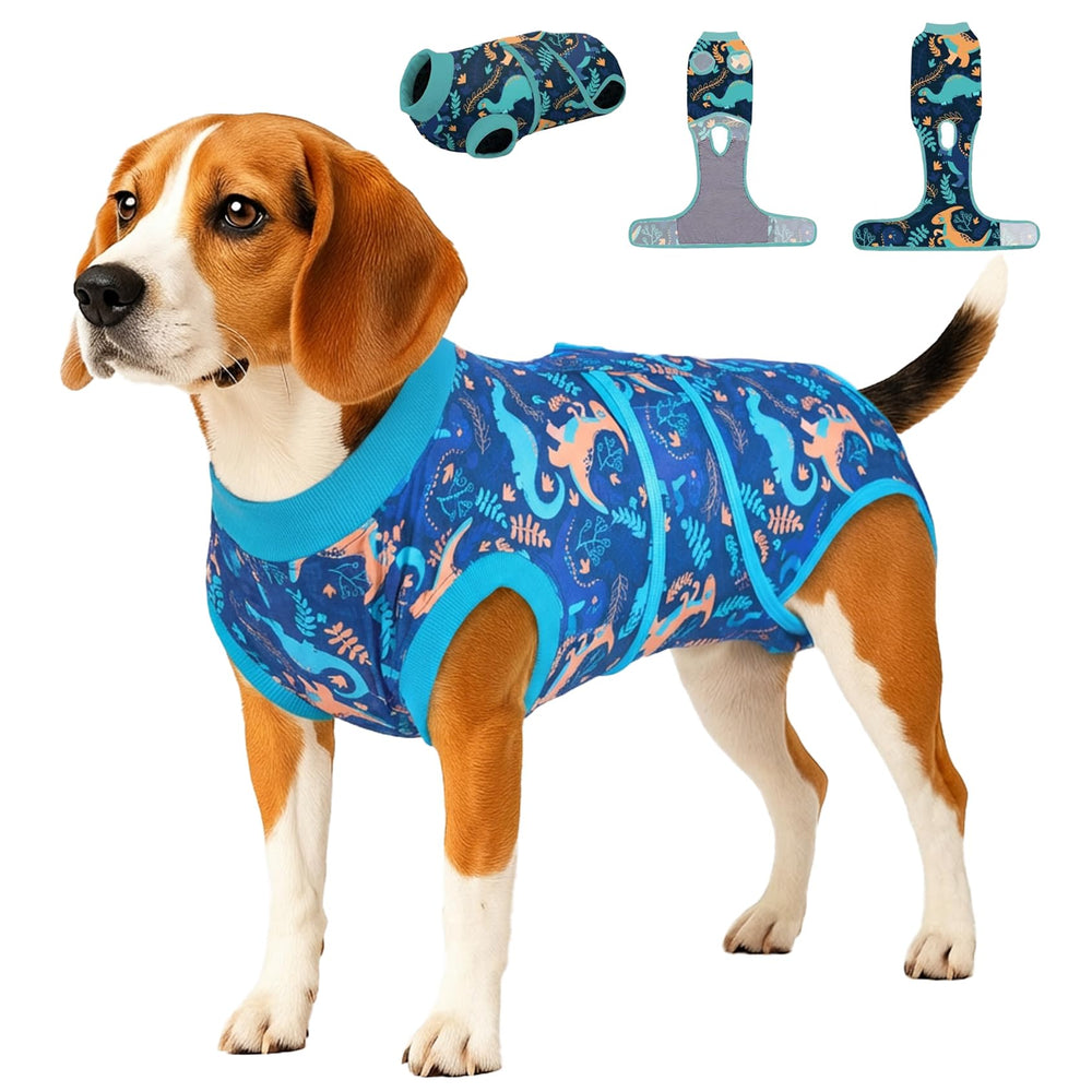 PetWarm neutering recovery suit, dinosaur pattern green, front view highlighting comfortable, adjustable fit.