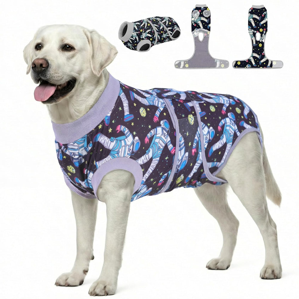 PetWarm post-surgery dog onesie front view in cosmic pattern for recovery wear