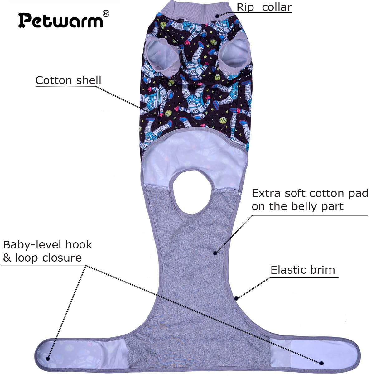 PetWarm recovery suit adjustable back-length for easy on/off and personalized fit.