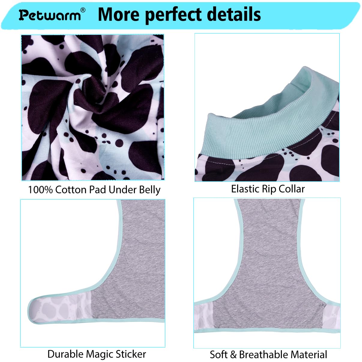 PetWarm recovery suit close-up, stretchy fabric provides breathable comfort during healing.
