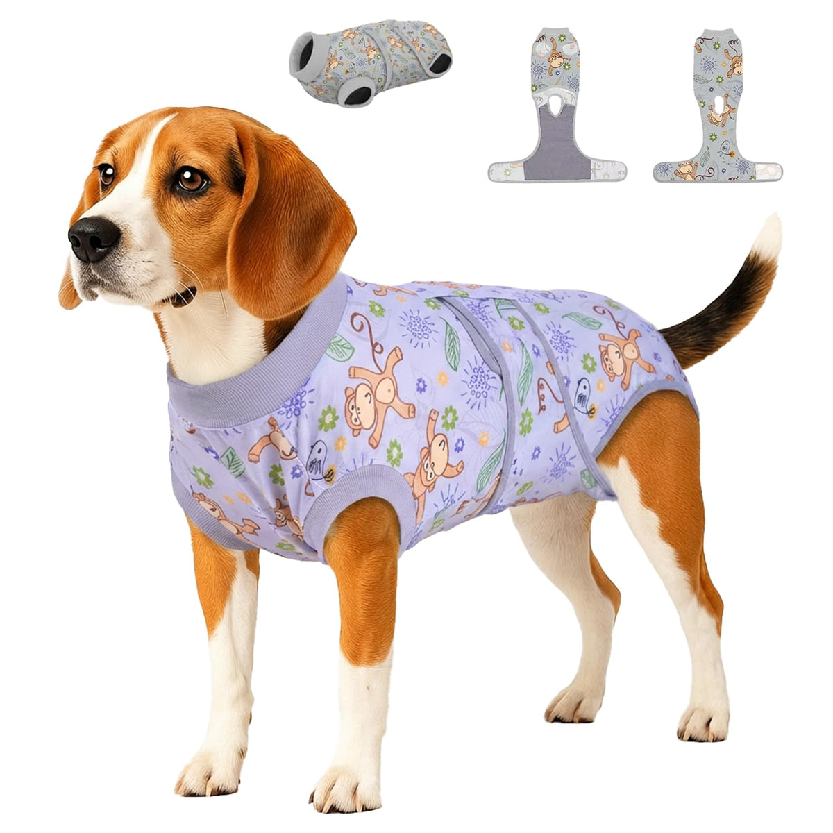 PetWarm recovery suit dog grey monkey pattern protects wounds while easing mobility during recovery