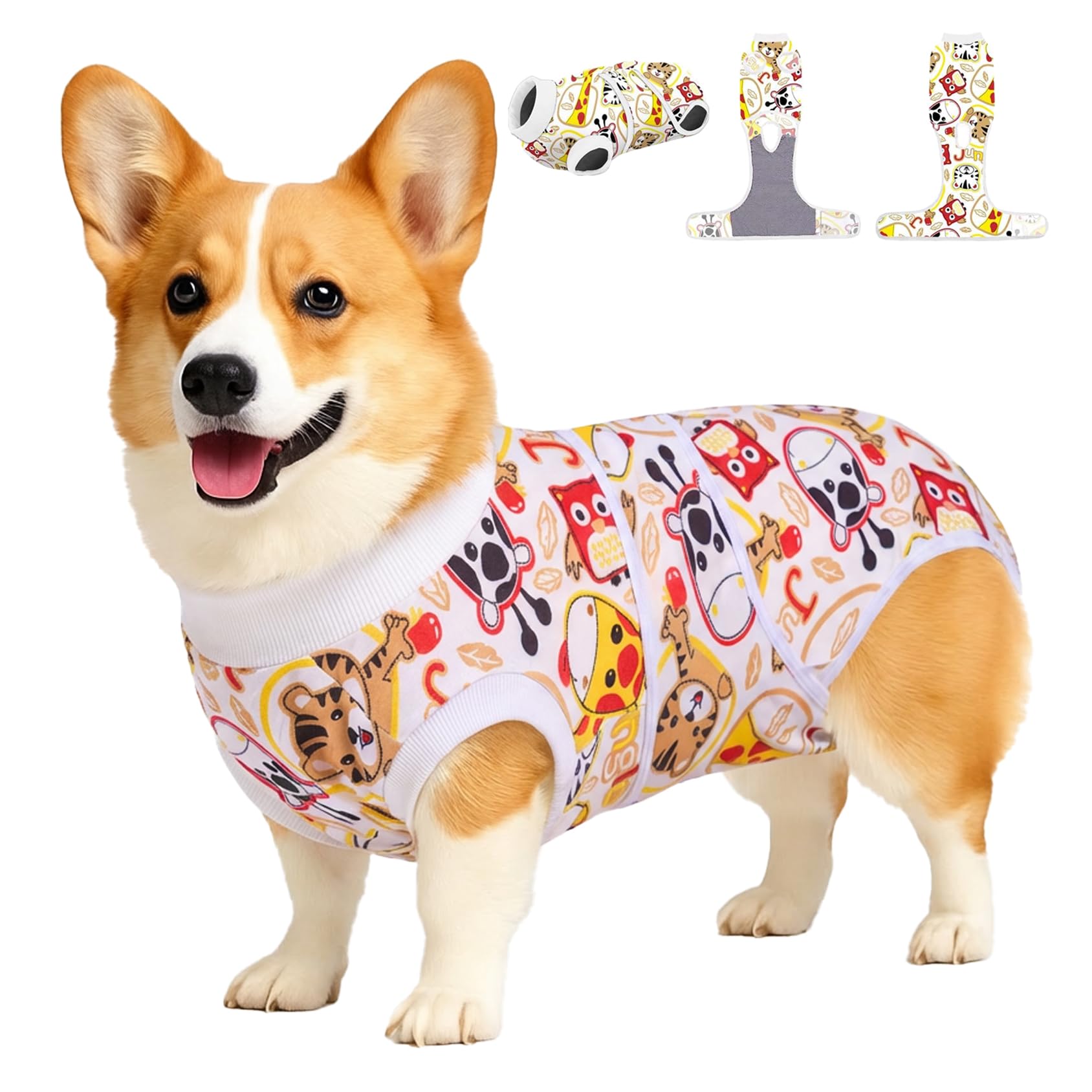 PetWarm Recovery Suit front view in red-white zoo pattern for post-surgery wear