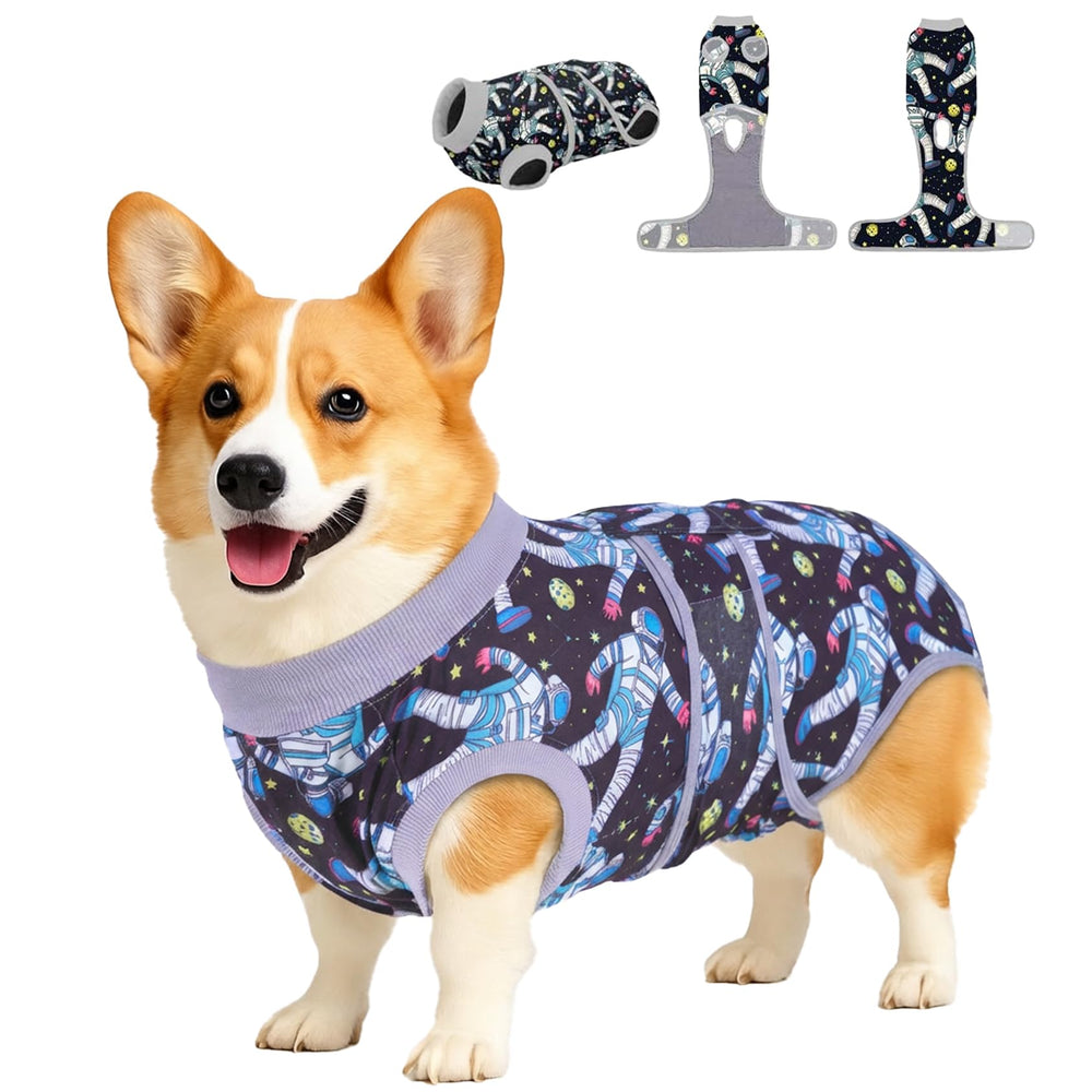 PetWarm recovery suit gray cosmic pattern hooded for gentle post-surgery comfort.