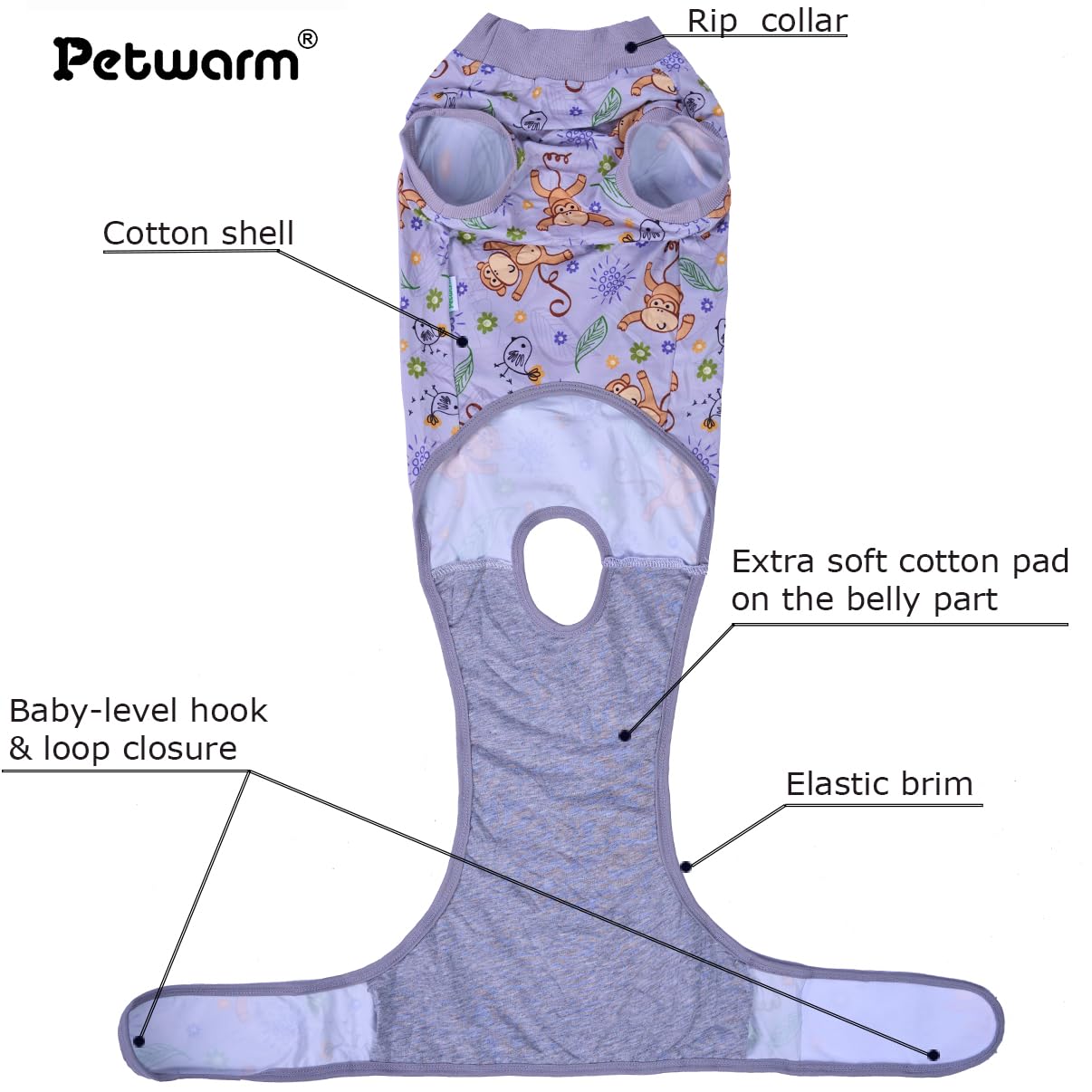 PetWarm grey monkey-pattern recovery suit shows playful style with effective protection.