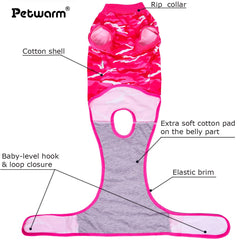 PetWarm recovery suit pink camouflage side view shows adjustable fit for easy wearing.