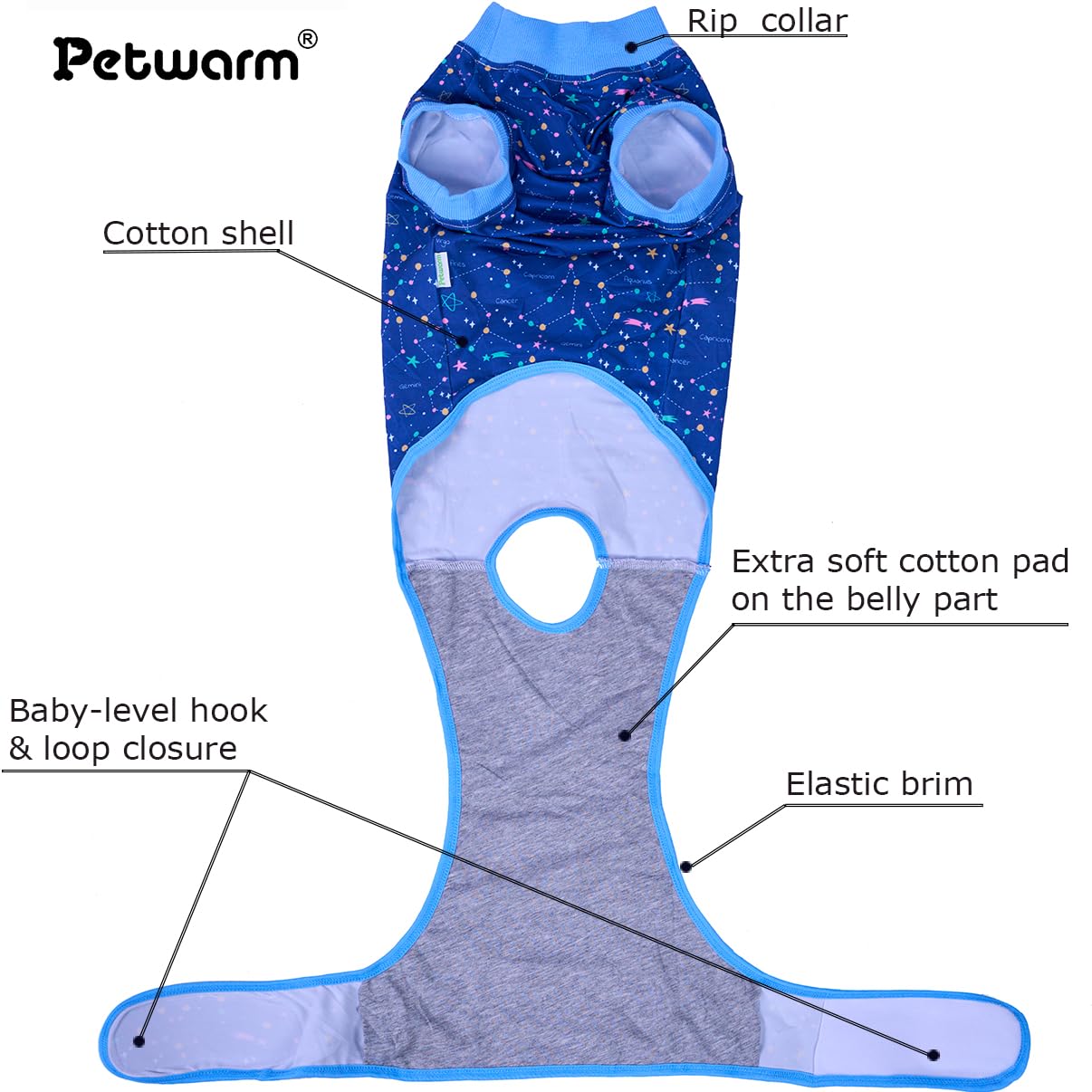 PetWarm recovery suit features soft breathable fabric for comfortable healing wear.