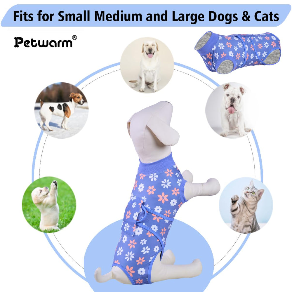 PetWarm blue flower pattern dog bodysuit provides abdominal coverage