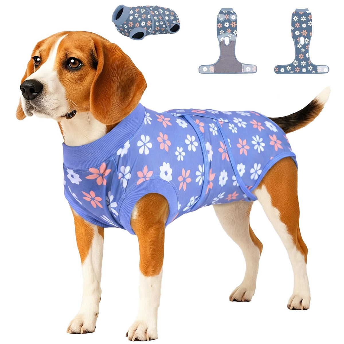 PetWarm surgery suit blue flower pattern front view for post-surgery comfort