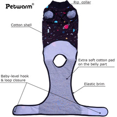 PetWarm adjustable-back-length feature on dog recovery suit enables easy fitting.