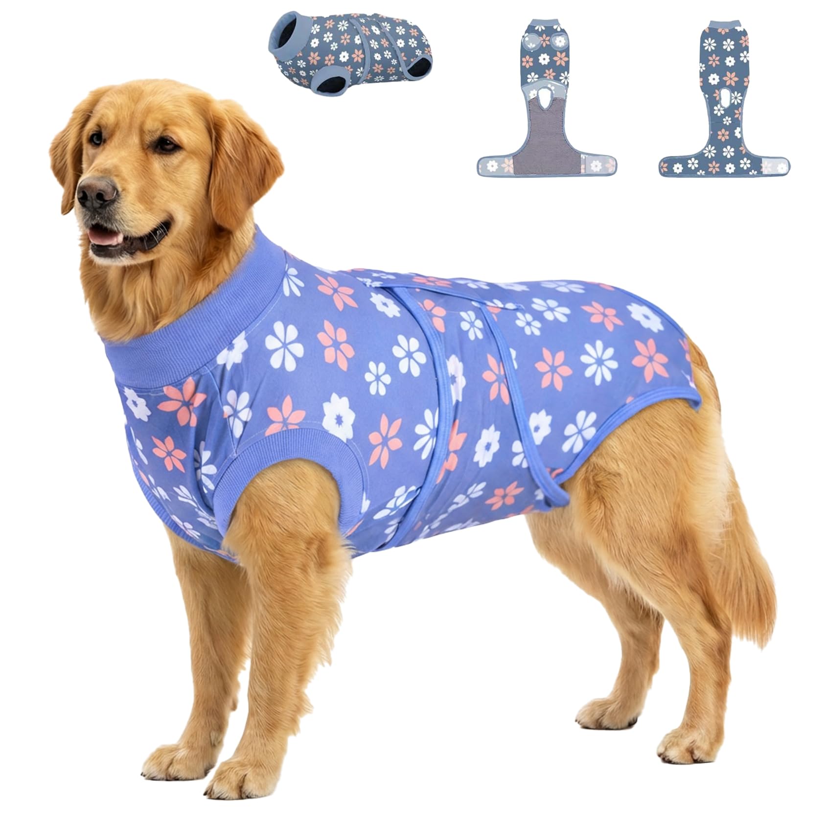 PetWarm surgery suit front view shows a blue flower pattern for post-op comfort.