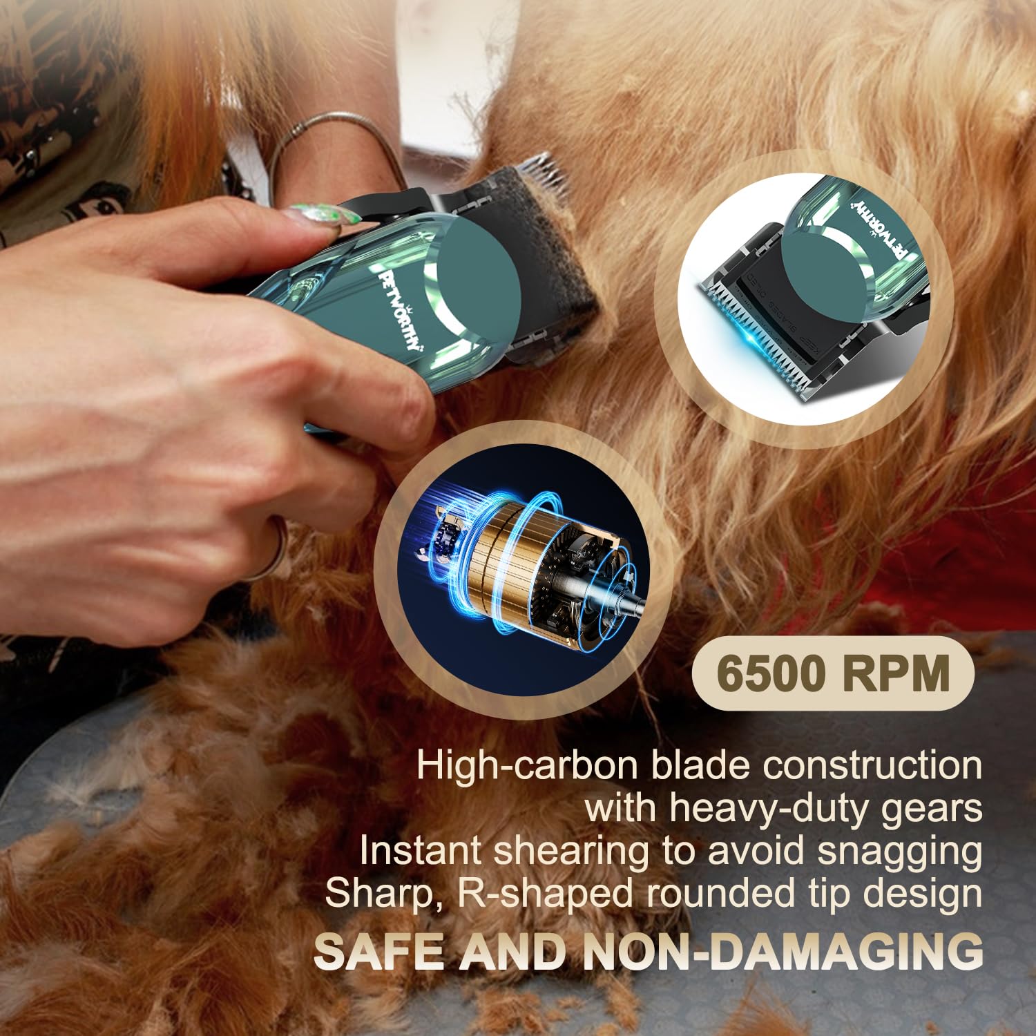 PETWORTHY Quiet Dog Grooming Kit 2000mAh battery close-up for extended cordless grooming.