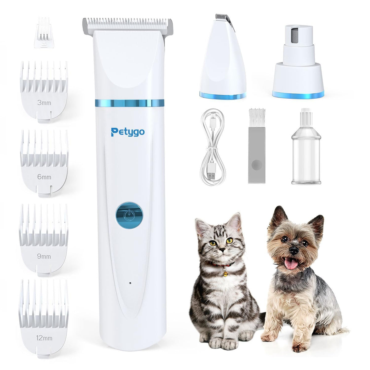 PETYGO 3-in-1 grooming kit closeup shows versatile home grooming for dogs and cats.