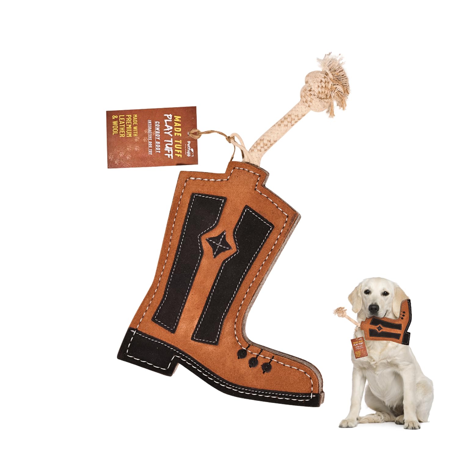 PetYupp Cowboy Boot Leather Chew Toy for small dogs, durable leather for a satisfying chew.