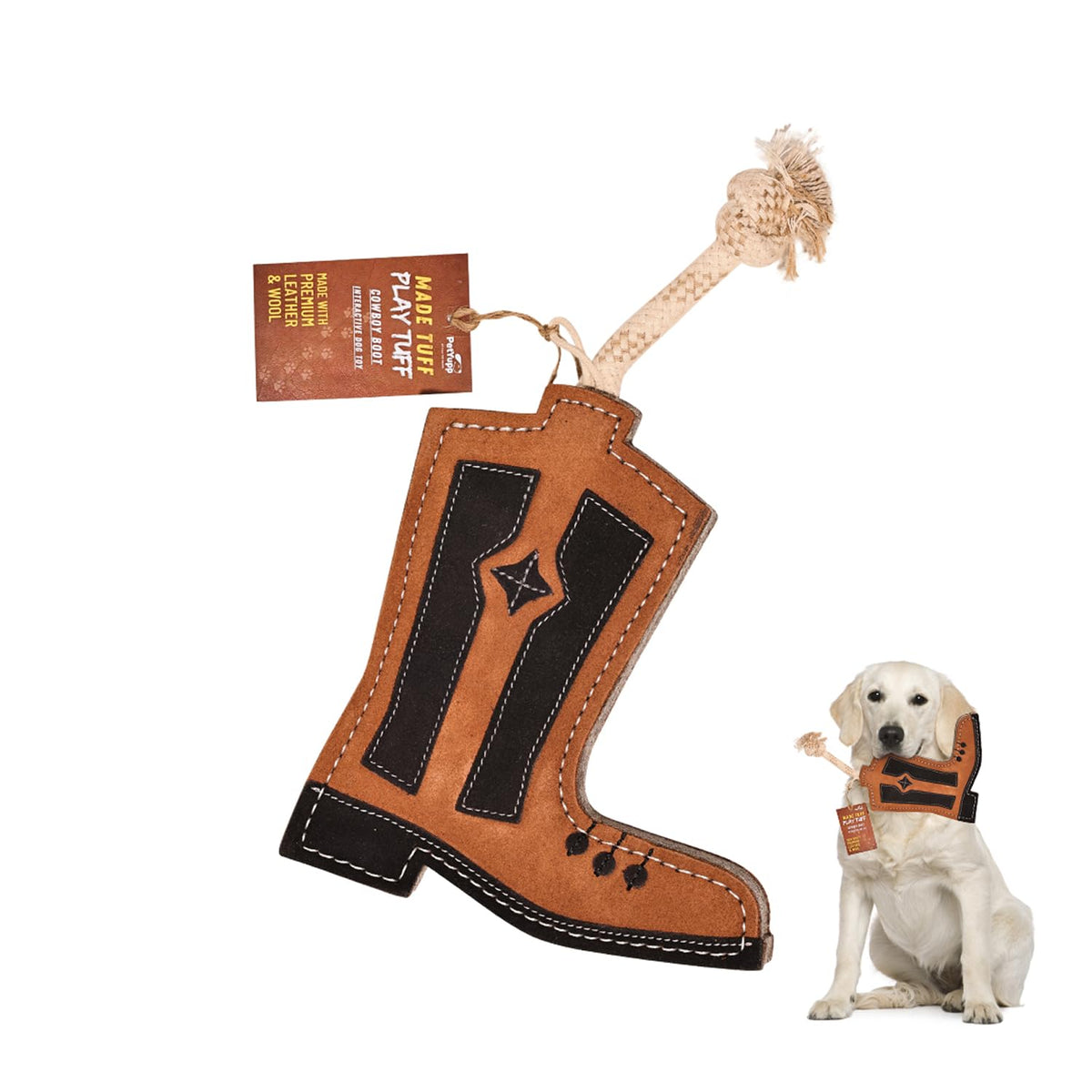 PetYupp Cowboy Boot Leather Chew Toy for small dogs, durable leather for a satisfying chew.