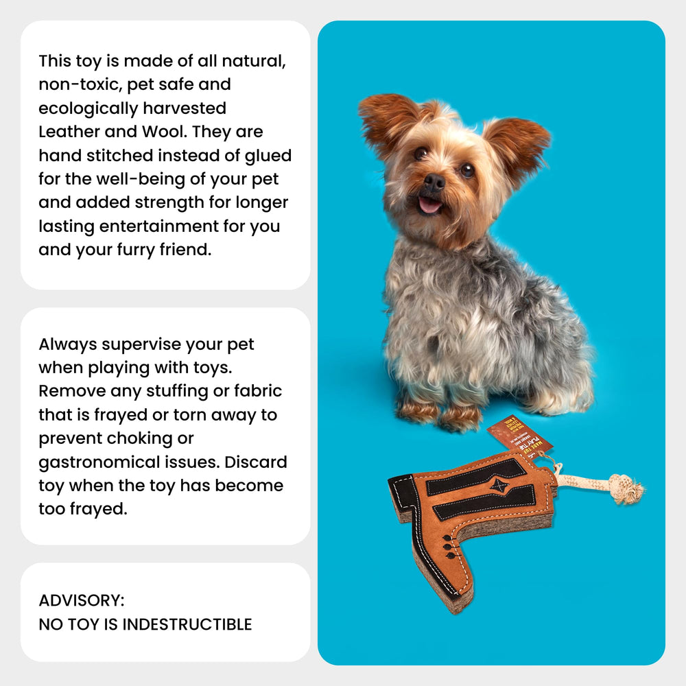 PetYupp Interactive play with dog using the Cowboy Boot Leather Chew Toy.