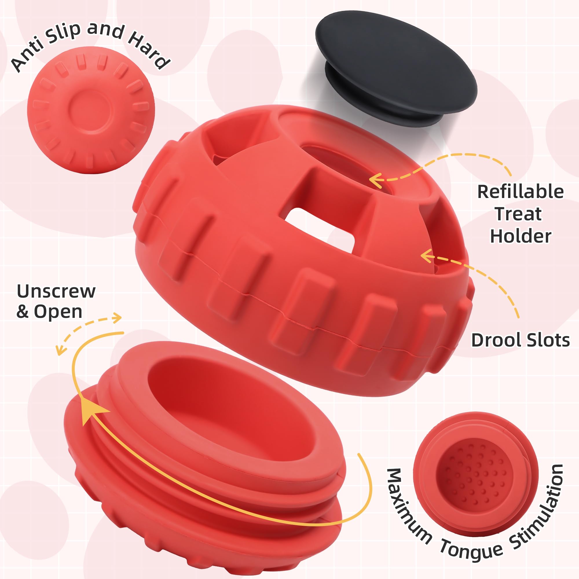 PetZee enrichment toy textured lid provides tongue massage during licking.