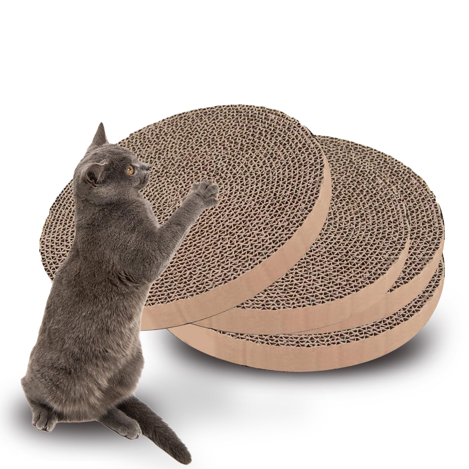 PetZen Garden round scratcher in use as a cat enjoys a long scratch.