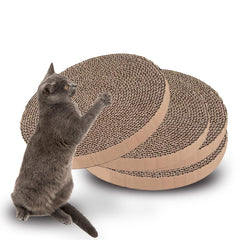 PetZen Garden round scratcher in use as a cat enjoys a long scratch.