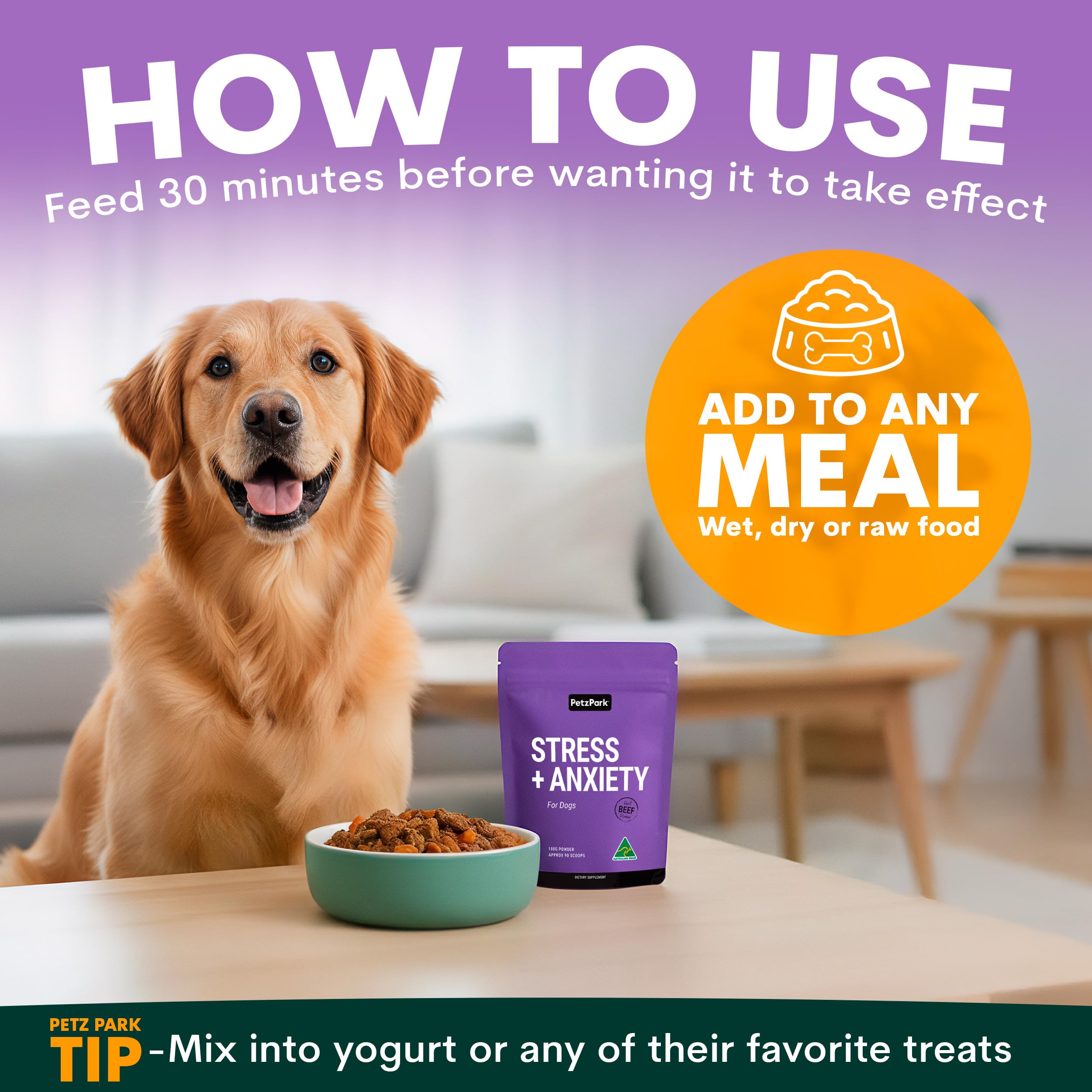 Petz Park beef-flavor powder sprinkled on dog food to ease daily stress.