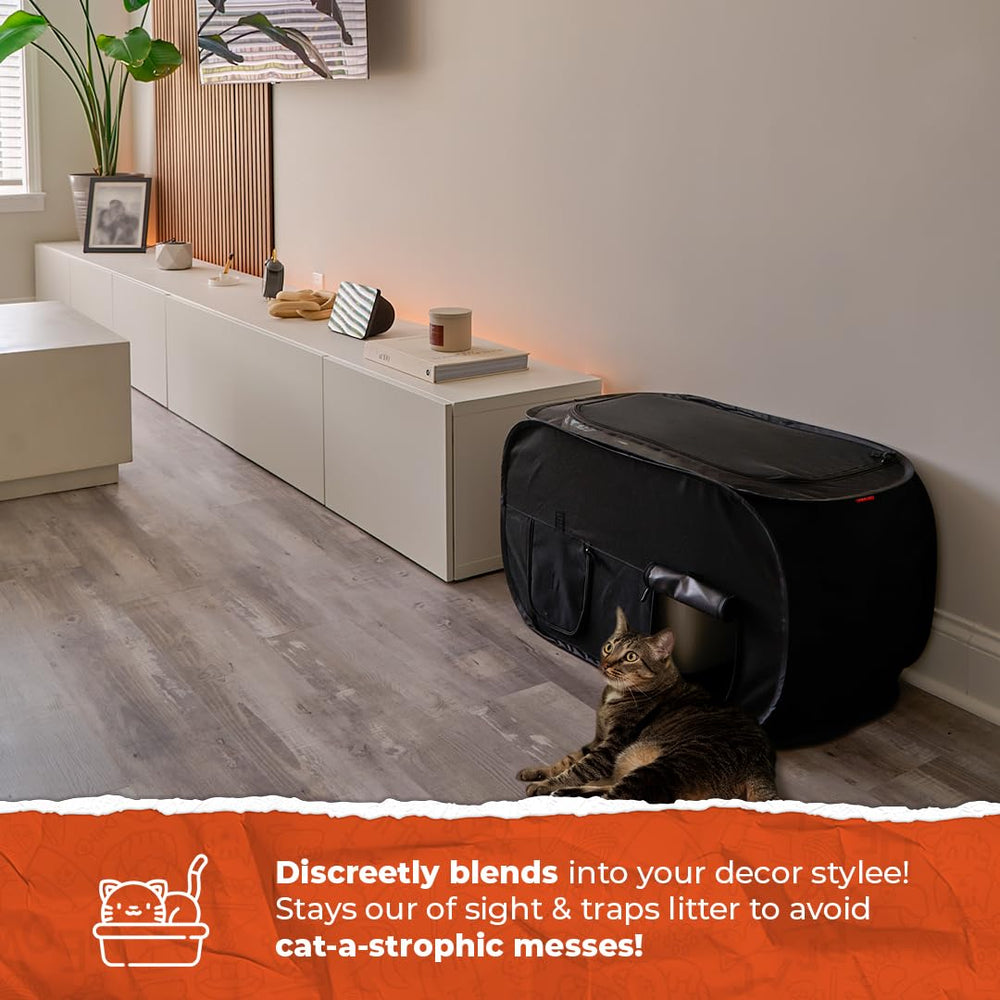 PEXTER cat litter box enclosure includes heavy-duty litter mat to trap debris
