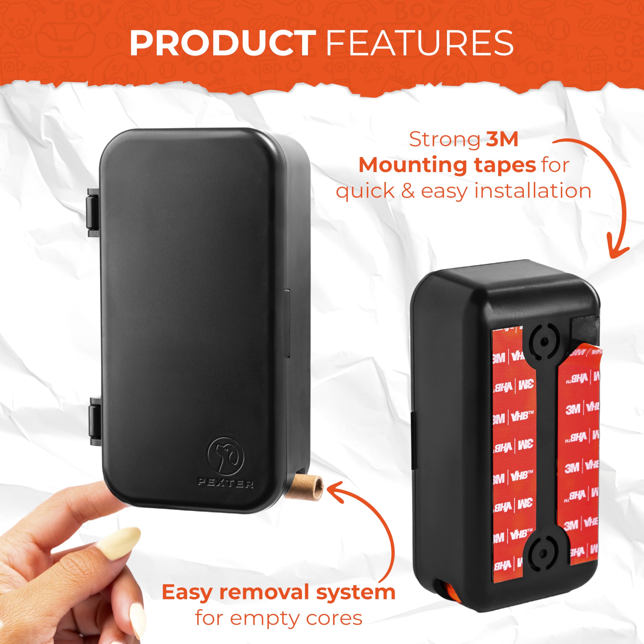 PEXTER stick-on mounting strips offer quick, damage-free installation.