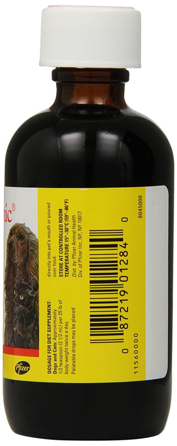 Pfizer Animal Pet Tinic bottle poured over pet food for easy serving