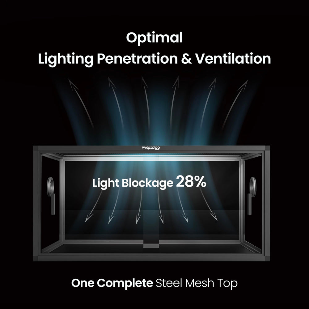 Phailozoo 50-gallon tank top screen highlighting ventilation and lighting compatibility