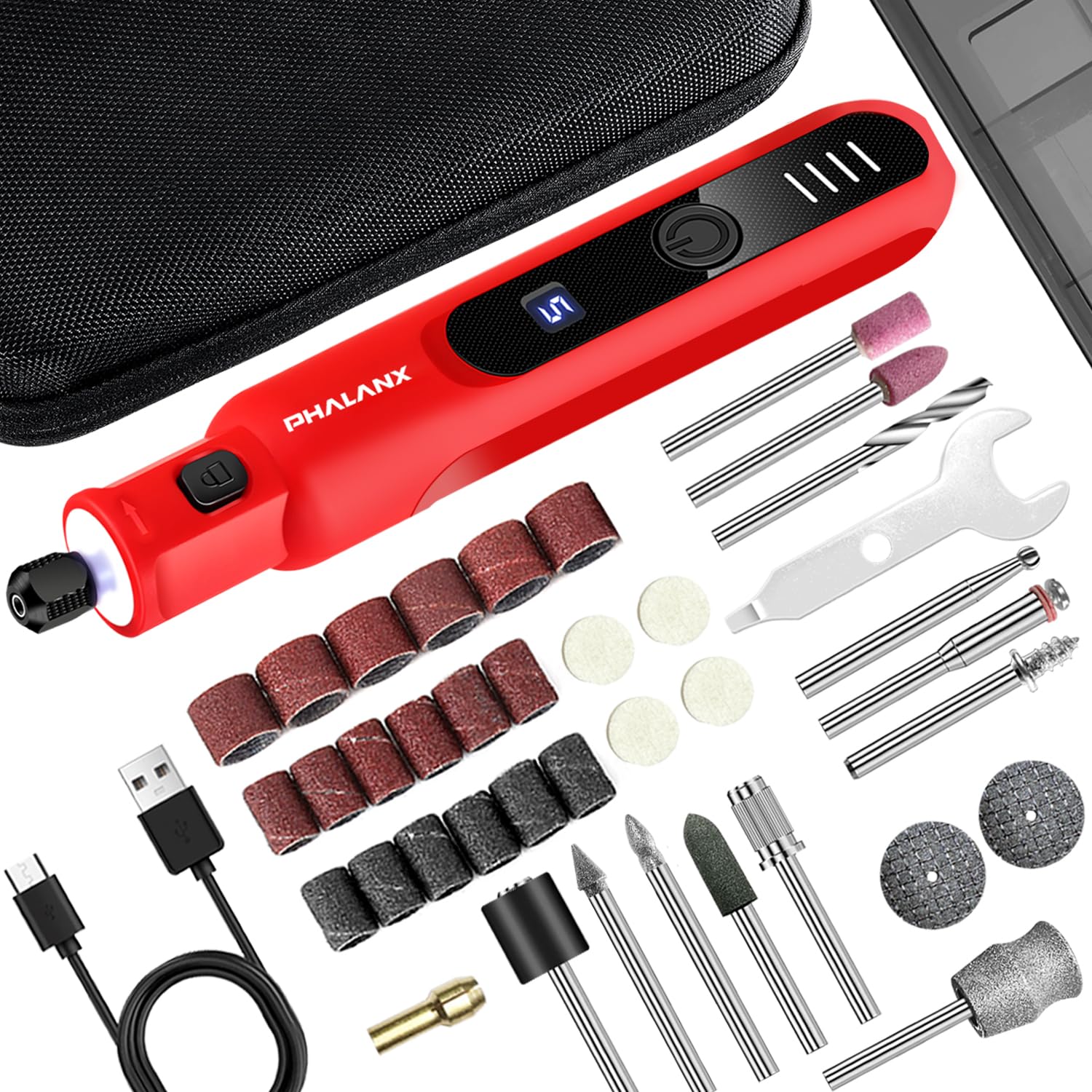 PHALANX dog-nail-grinder front view with 360° LED ring improves visibility.