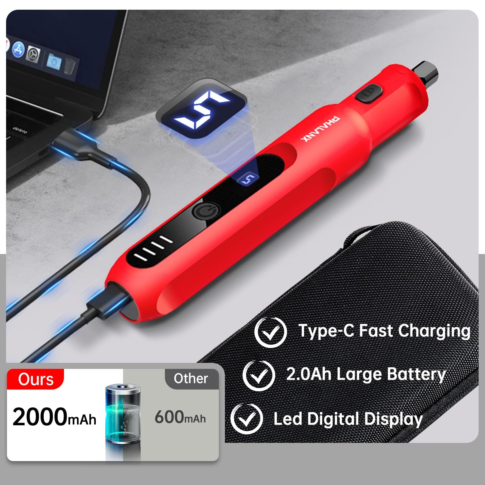 PHALANX 2.0Ah battery with LED indicators keeps you informed.