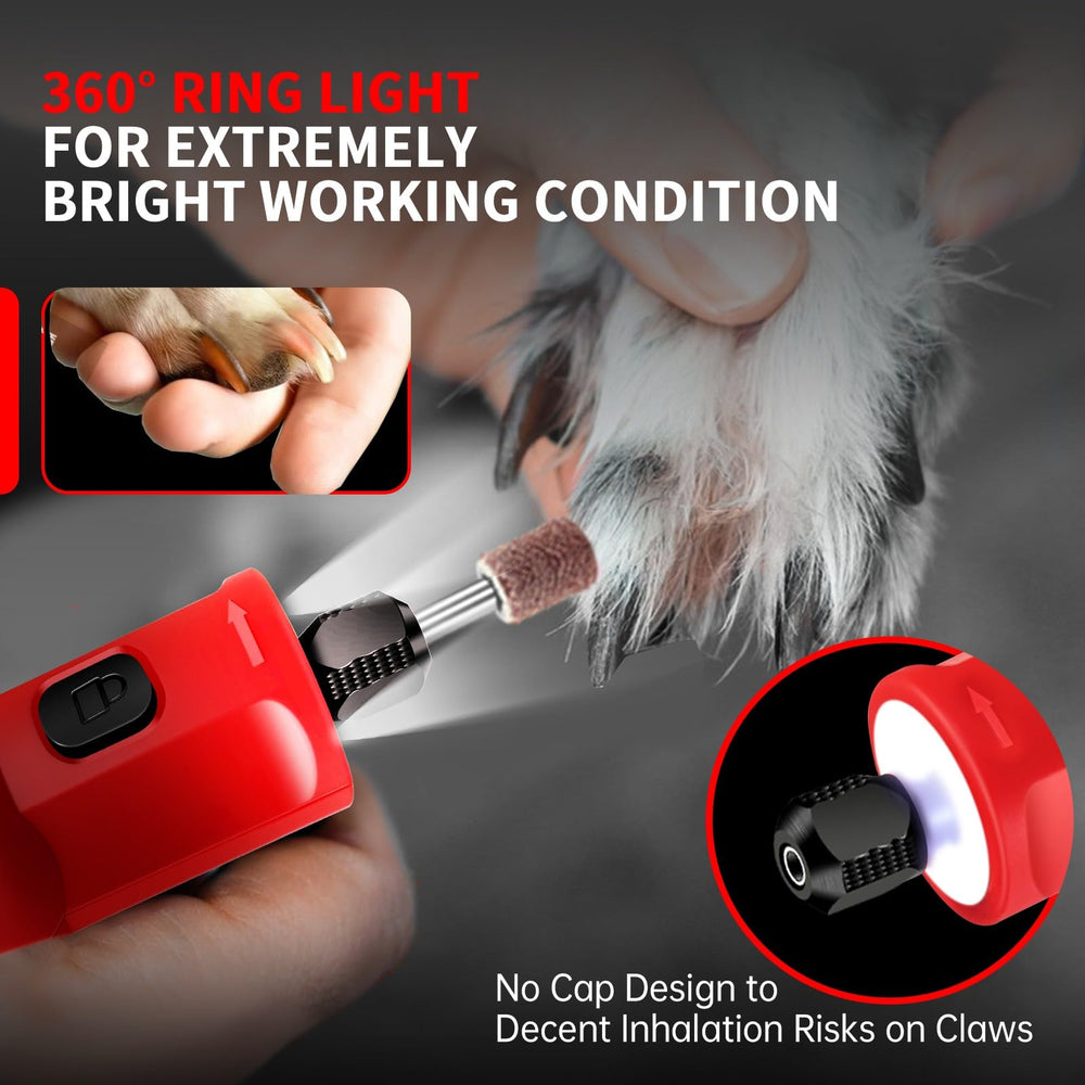 PHALANX dog-nail-grinder in action shows quiet motor for stress-free grooming.